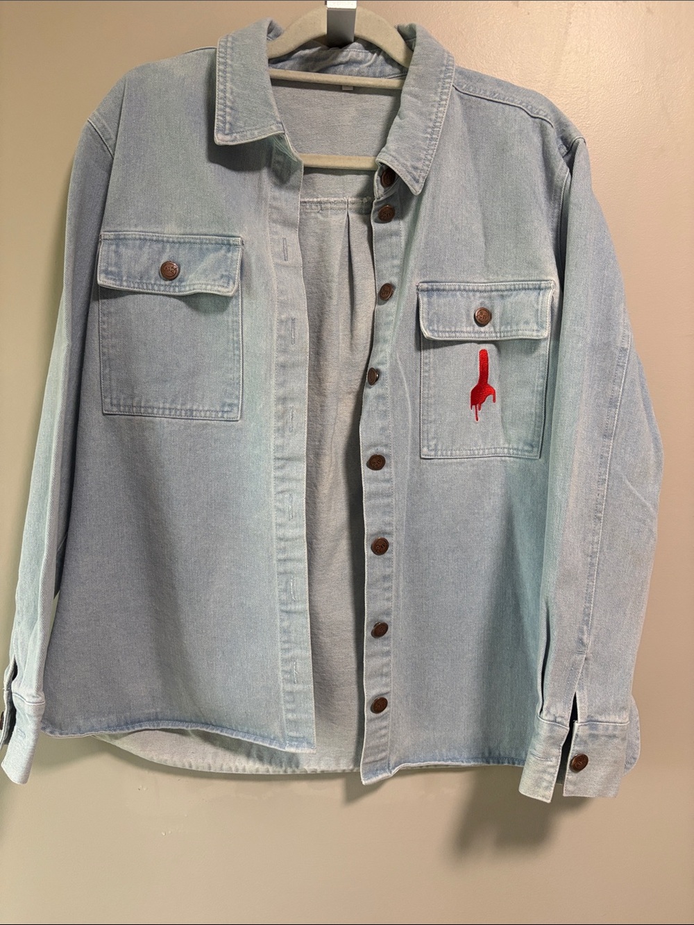 Light Wash Denim Jean Jacket with Red Detail